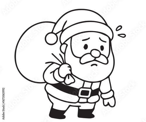 Vector cartoon design featuring Santa Claus carrying a large bag full of Christmas gifts, created in black and white with solid outline.