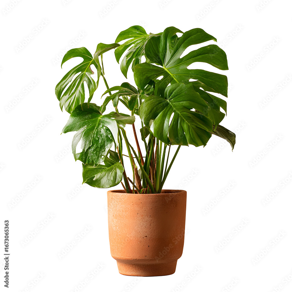 Obraz premium Monstera deliciosa in terracotta pot against stark black background in studio setting