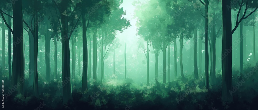 Obraz premium Enchanting emerald forest pathway in misty light