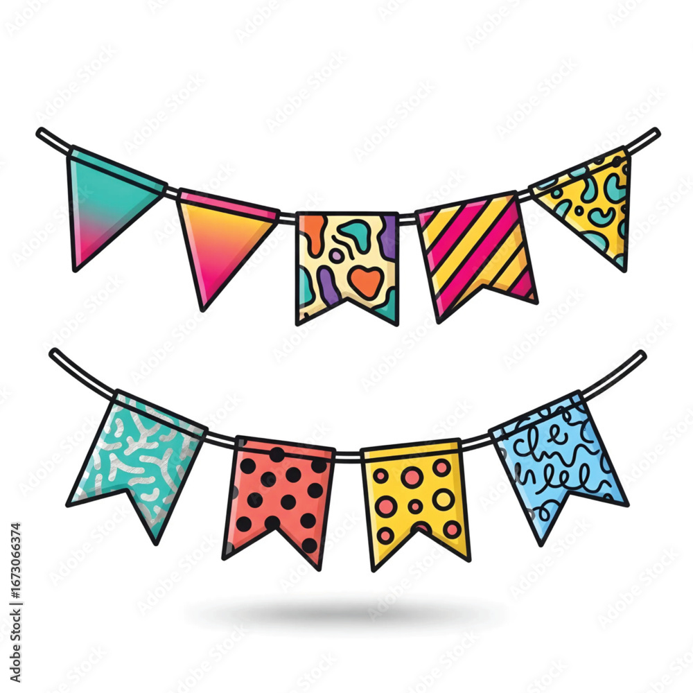 Fototapeta premium Colorful and vibrant festive bunting flags with diverse abstract patterns and bright color combinations, strung on a wire for decoration.
