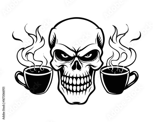 Skull with Steaming Coffee Cups - Edgy Coffee Lover Design with Death Motif, Dark Humor Caffeine Addiction Art