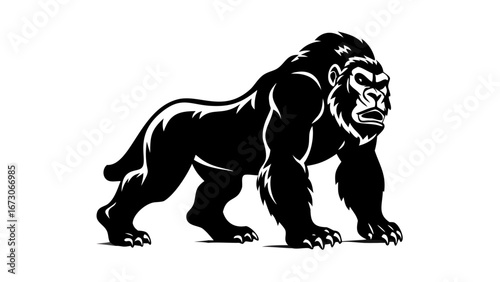 Powerful Gorilla Silhouette - Strong Silverback Ape in Dominant Stance, Black Wildlife Vector Illustration