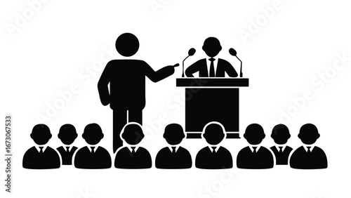 Politician giving speech, public address.