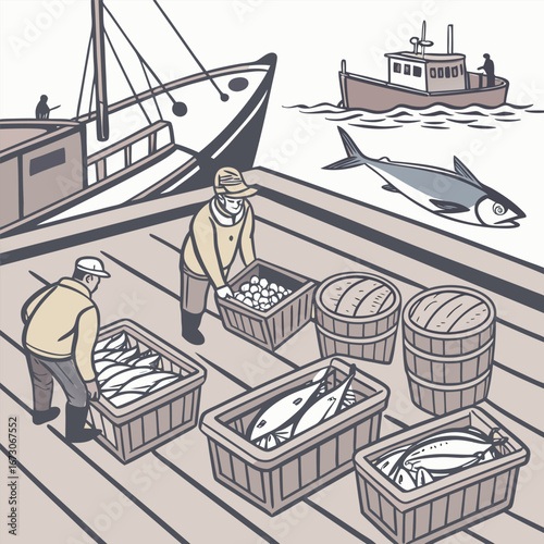 vector illustration of a ship with fish