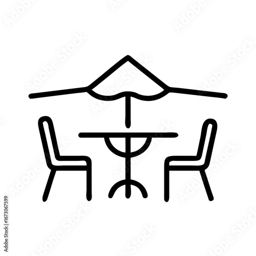 Outdoor Cafe Table with Umbrella Icon - Simple Line Art of Bistro Seating, Restaurant Patio Furniture Symbol