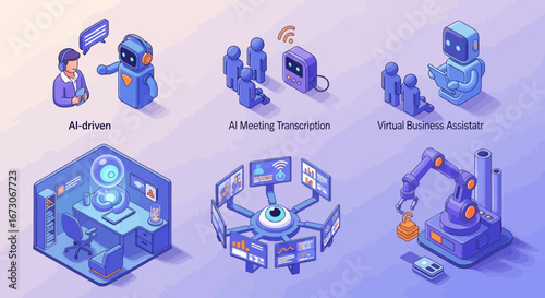A collection of isometric illustrations depicting various applications of artificial intelligence in business and industry.