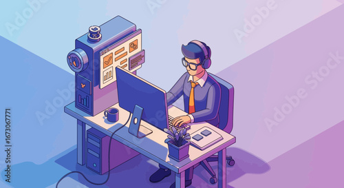 Isometric illustration of a developer wearing headphones working on a computer at a desk with futuristic machinery.