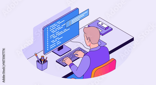 Isometric illustration of a male programmer coding on a desktop computer at his desk.