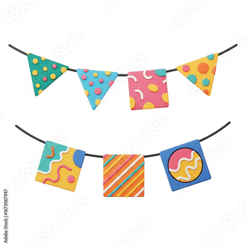 Colorful patterned bunting flags strung on a black cord, creating a festive and cheerful decoration for celebrations or events.