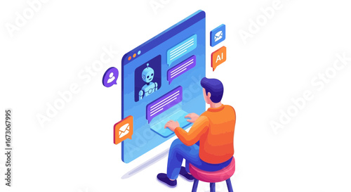 Isometric illustration of a man using a laptop to communicate with an AI chatbot for online customer support.