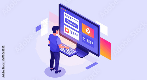 Isometric illustration of a person working on a desktop computer, interacting with a user interface on a large screen.