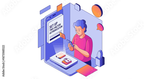 Isometric illustration of a person setting up two-factor authentication on a large smartphone for enhanced online security.