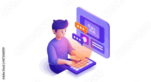 Isometric illustration of a young man typing on a computer, engaging in online chat and social media communication.