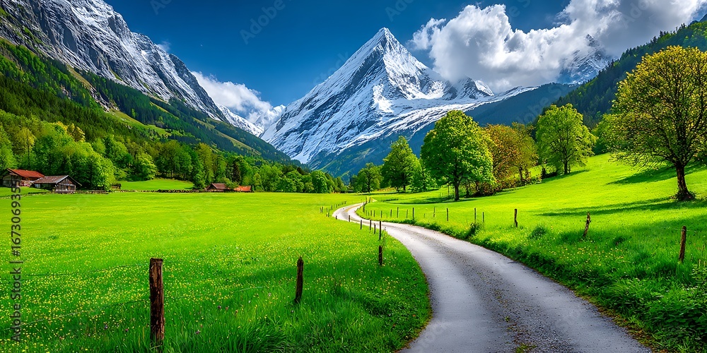 Obraz premium Mountain range with lush forest valleys and meadows, countryside landscape. Snowy mountain tops in the horizon, travel destination wallpaper background