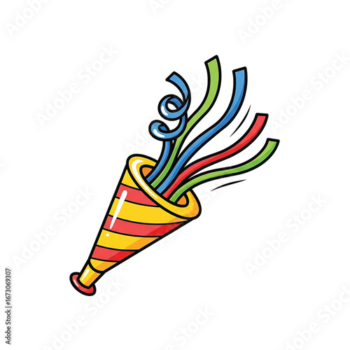 *   Needs to be a detailed description, 6-180 characters.     *   Avoid listing keywords.     *   Main subjects: Party popper/horn, streamers, confetti.     ...