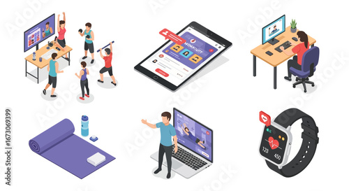 Isometric illustrations of online fitness classes, health tracking apps, and remote work from home.