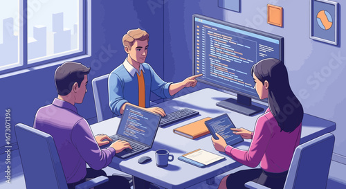 A team of software developers collaborating in a modern office, discussing code displayed on a computer screen.