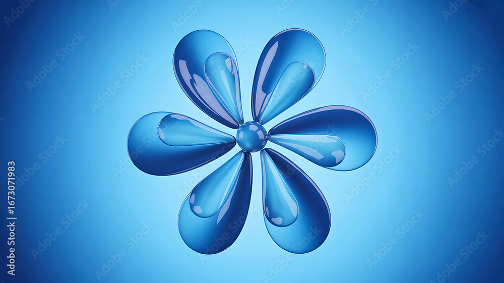 Fototapeta premium Abstract 3D render of a glossy blue flower with six petals on a radial gradient background, representing clean technology or wellness concepts