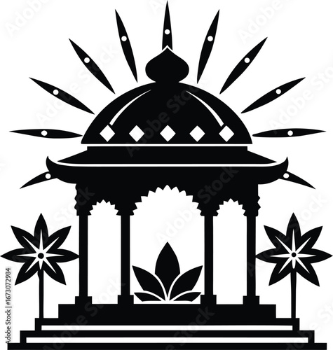 Black silhouette of ornate pavilion with lotus and palm trees