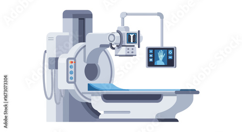 Vector illustration of a modern medical CT scanner machine with a patient bed and display screen for diagnostic imaging.