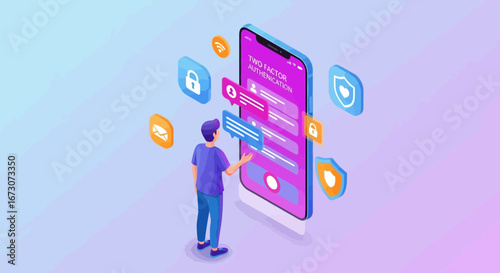 Isometric illustration of a man signing up on a mobile application with security and notification icons.