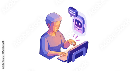 Isometric illustration of a person at a computer interacting with a friendly AI chatbot for online support.