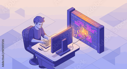 Isometric illustration of a developer programming at a desk with dual monitors displaying code and complex data visualization.