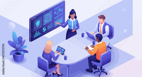 A diverse business team in a modern office meeting, analyzing data visualizations and charts on a large digital screen.