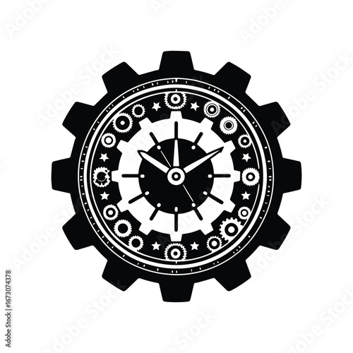 Black and White Clock with Gear Symbol