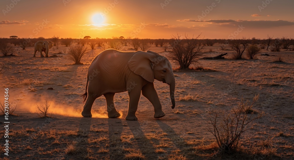 Fototapeta premium Golden-hour elephant walking across dusty savanna, warm cinematic wildlife style, themes freedom, conservation, travel promo, eco tourism, banner background, landscape horizontal