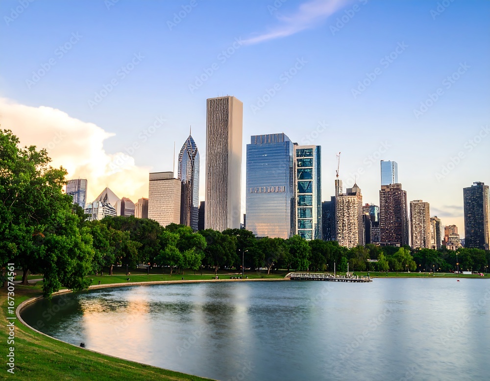 Fototapeta premium City skyline reflected in calm water