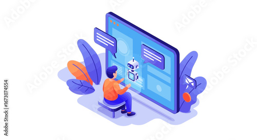 Isometric illustration of a person sitting and interacting with an AI chatbot on a large digital interface screen.