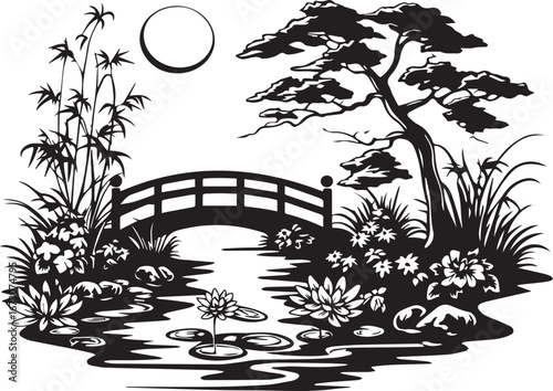 Serene Garden Scene: A tranquil landscape scene depicting a traditional Japanese garden, featuring an arched bridge spanning a serene waterway, all under a soft, full moon.