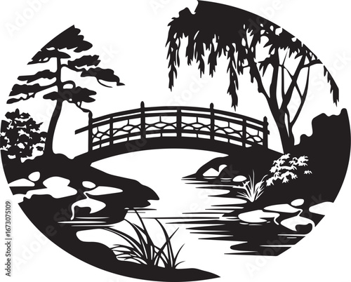 Serene Garden Silhouette: A minimalist art piece showcases a Japanese-inspired garden scene, featuring a tranquil arched bridge spanning a gentle stream, surrounded by lush foliage.