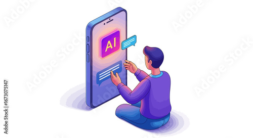 A man sits on the floor, engaging with an artificial intelligence chatbot on a large, modern smartphone.