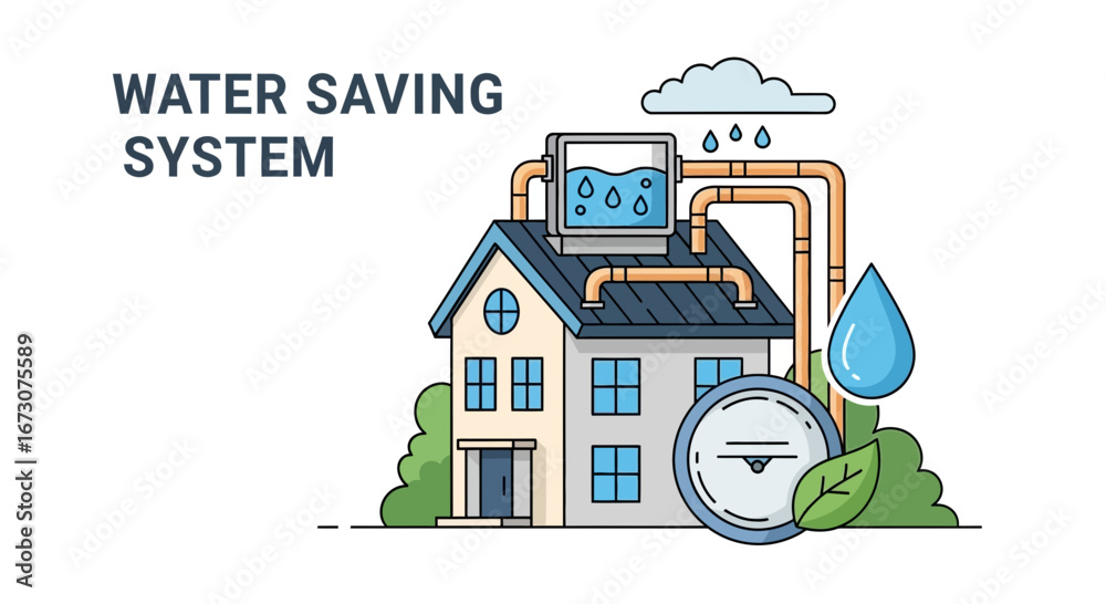 Naklejka premium Illustration of a residential water saving system collecting rainwater for conservation and reuse.