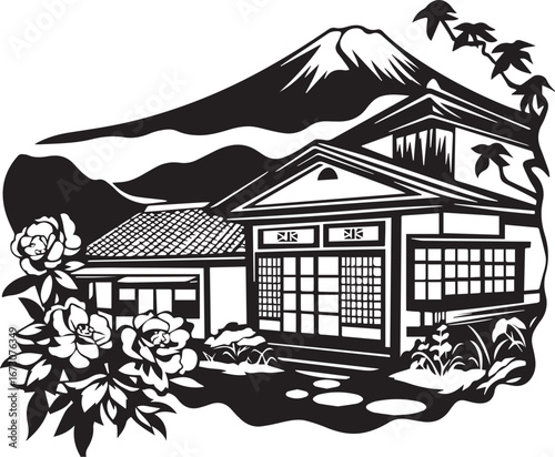 Japanese house in front of Mountain: A striking black and white illustration portrays a traditional Japanese house set against a majestic mountain backdrop.