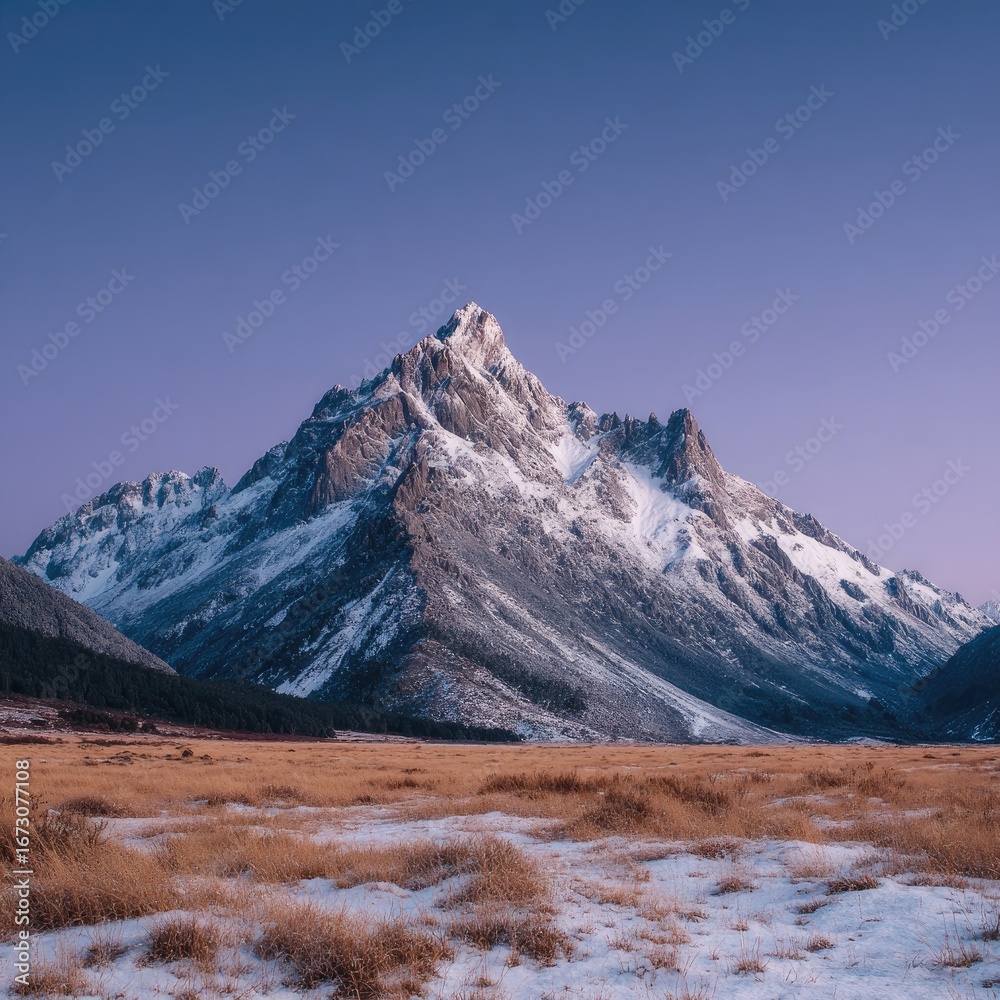 Fototapeta premium Majestic snow-capped mountain peak rises above a field of golden grass under a vibrant purple-pink sky