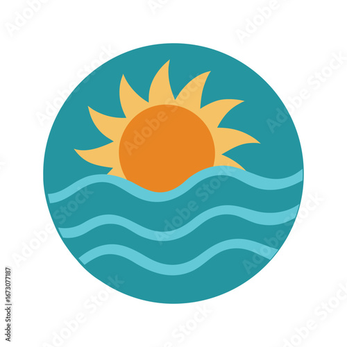 stylized sun over waves in circle white background