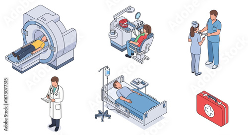 Isometric vector set of healthcare concepts including MRI scan, dentist, nurses, doctor, hospital patient, and first aid kit.