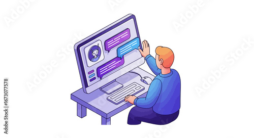 A man sits at a desk, interacting with a chatbot interface on a large computer monitor in a modern isometric illustration.