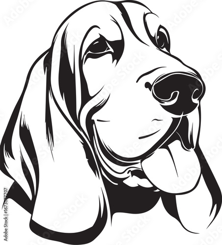 Hound Dog's Portrait: A striking, detailed black and white drawing of a hound dog with a droopy, soulful expression, tongue hanging out, and floppy ears