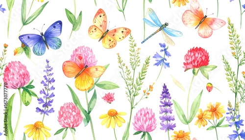 Watercolor meadow floral pattern featuring butterflies, dragonflies, clover and daisies