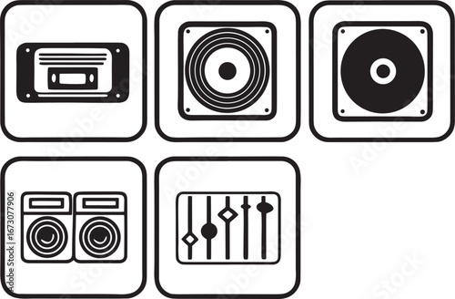 Retro and modern music technology icons cassette tape speaker cd player turntables sound mixer