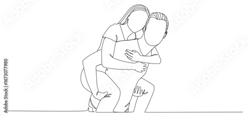 Minimalist line art illustration of a couple in a playful pose, where the woman is on the man’s back giving a piggyback hug