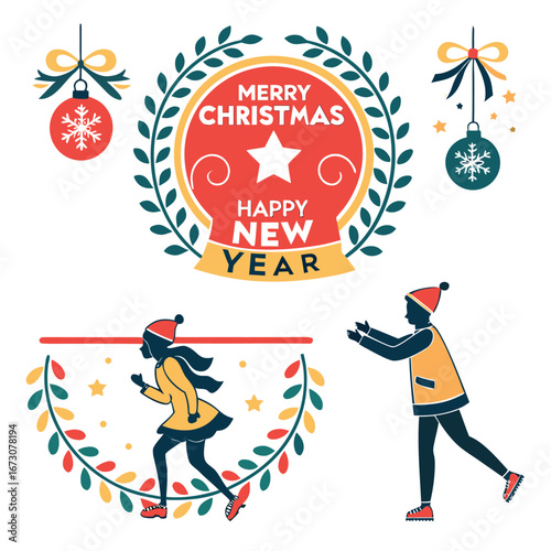 Christmas and New Year Scene with Wreath, Ornaments and Ice Skaters holiday celebration