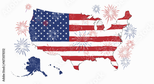Festive vector illustration of the USA map with American flag design and celebratory fireworks display on a white background