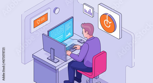 An isometric illustration of a male office worker analyzing data on dual computer monitors in a modern cubicle.