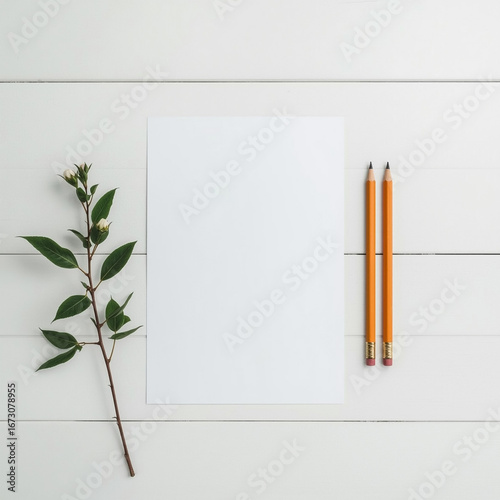 Minimalist Workspace with Stationery: An elegant, top-down perspective of a pristine workspace, complete with a blank paper, wooden pencils, and fresh plant arrangement.