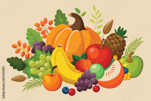 Abundant autumn harvest featuring vibrant fruits and a festive pumpkin, perfect for seasonal celebrations